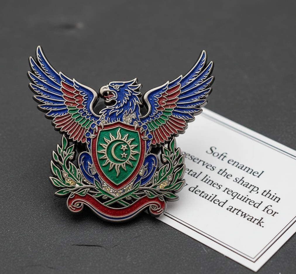 Soft enamel preserves the sharp, thin metal lines required for highly detailed artwork.
